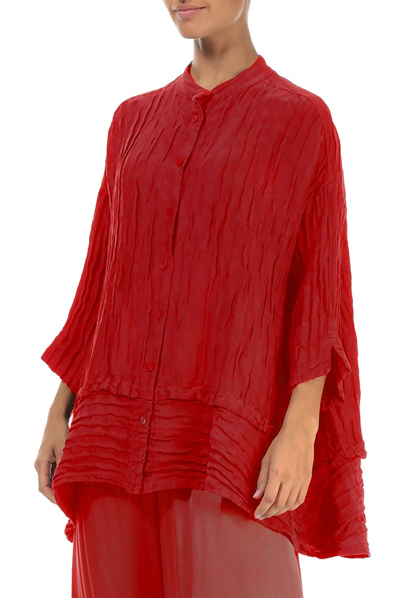 Chemise évasée en soie rouge cerise froissée