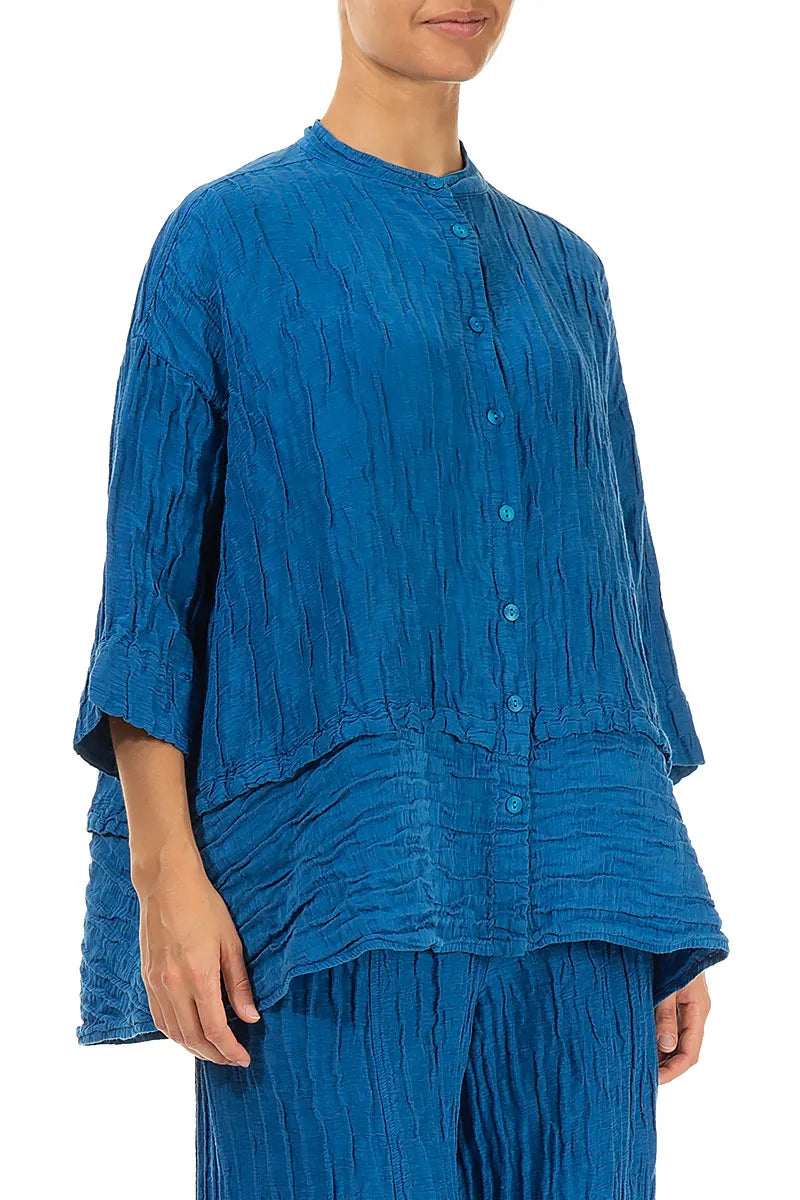 Flared Crinkled Cobalt Blue Silk Shirt 3