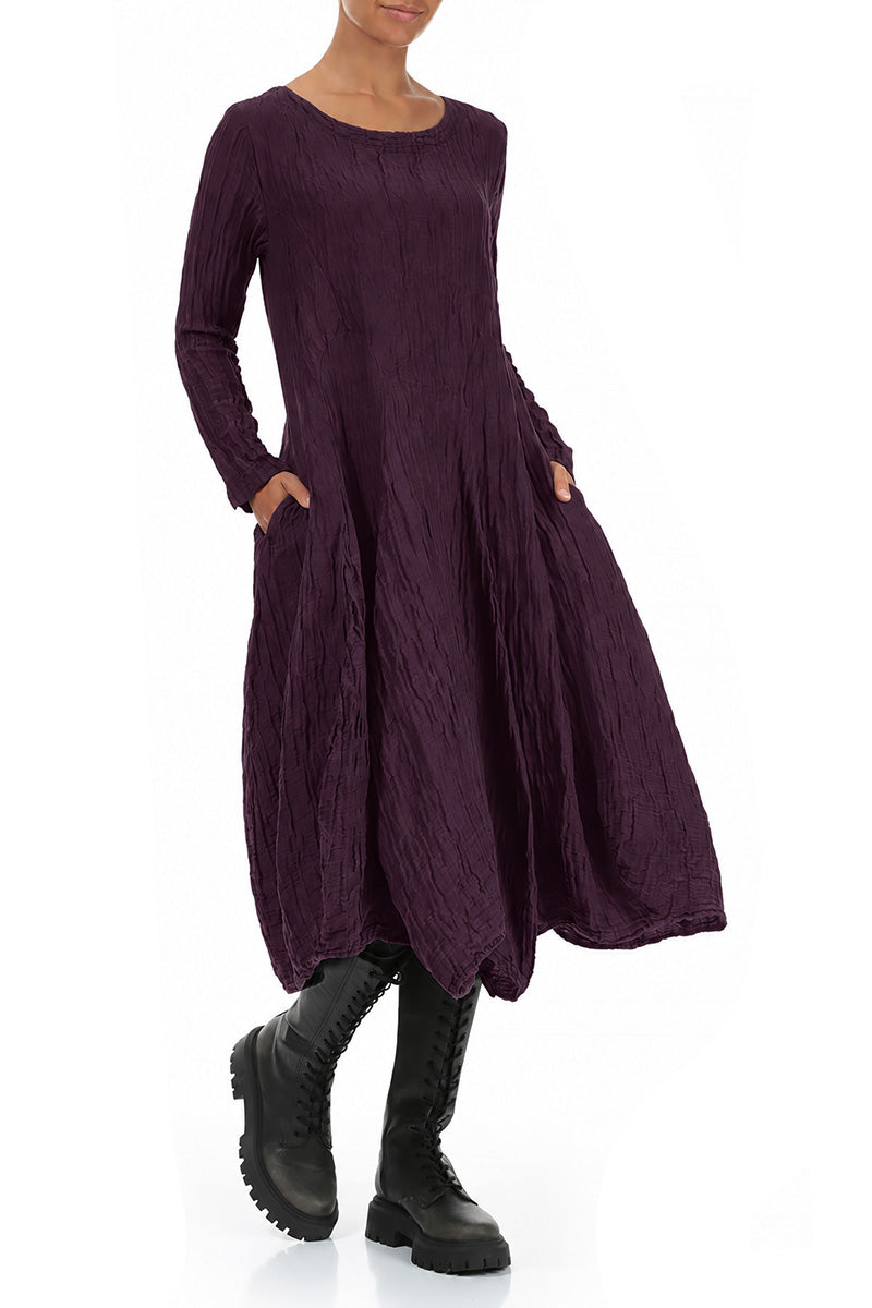 Flared Crinkled Deep Plum Silk Linen Dress
