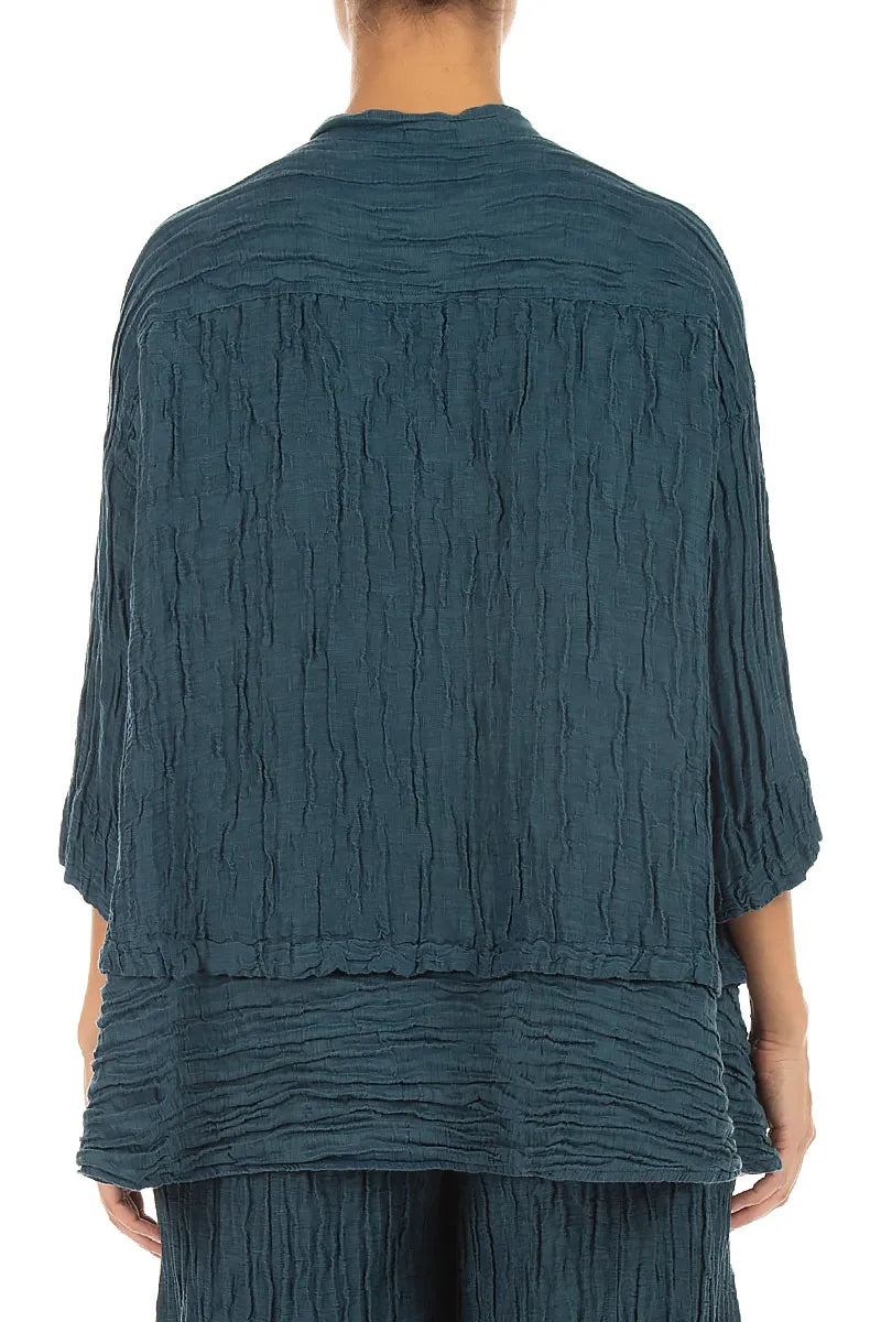 Flared Crinkled Deep Turquoise Silk Linen Shirt