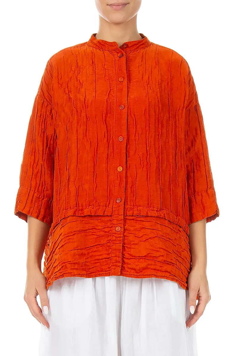 Flared Crinkled Flame Orange Silk Shirt 2