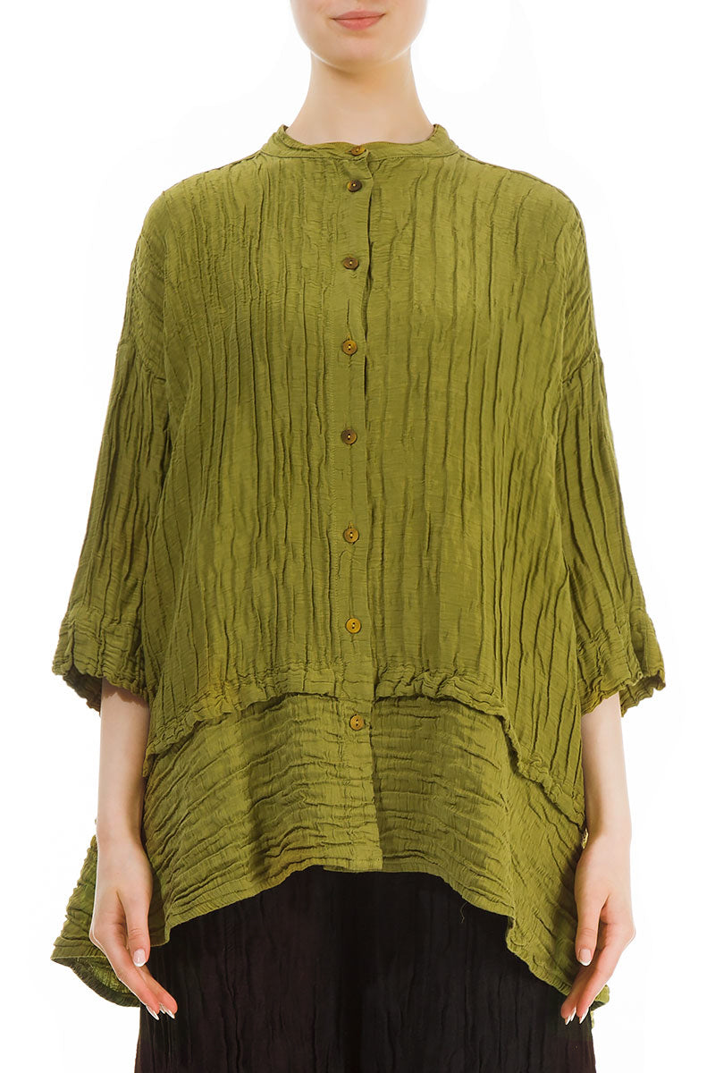 Flared Crinkled Golden Lime Silk Shirt 1