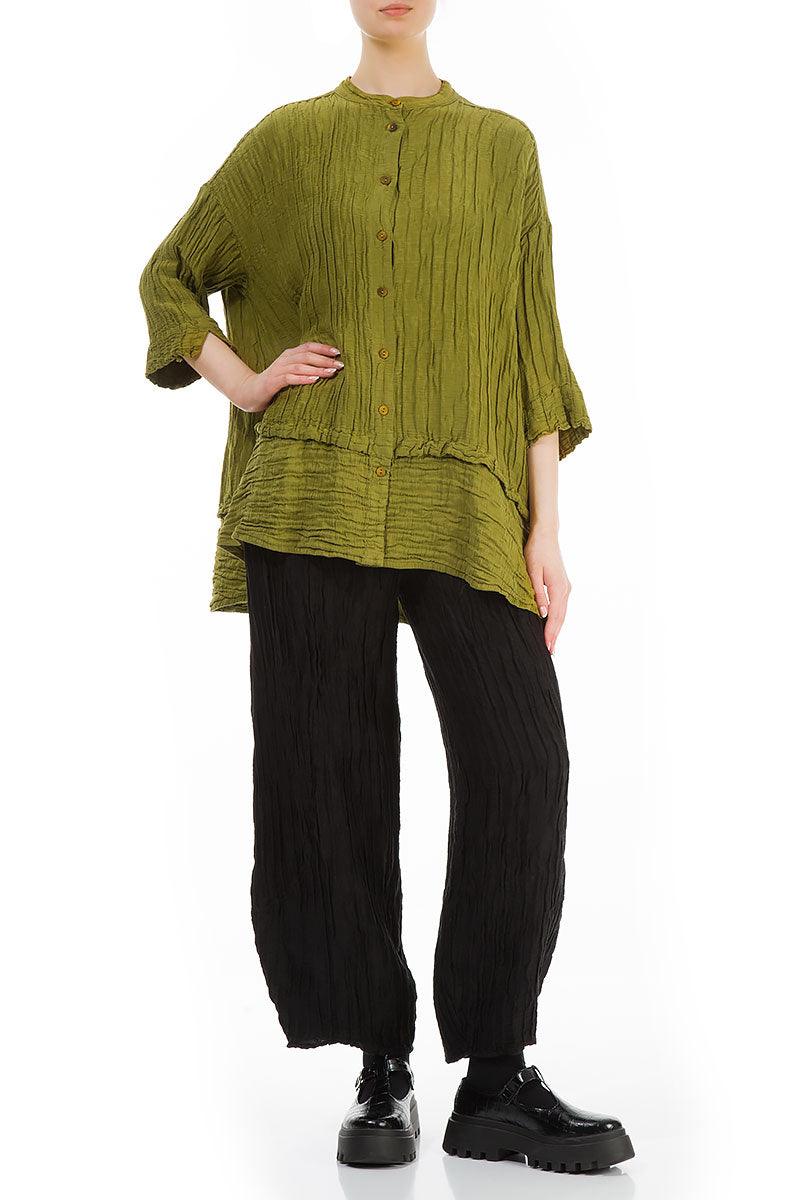 Flared Crinkled Golden Lime Silk Shirt 4