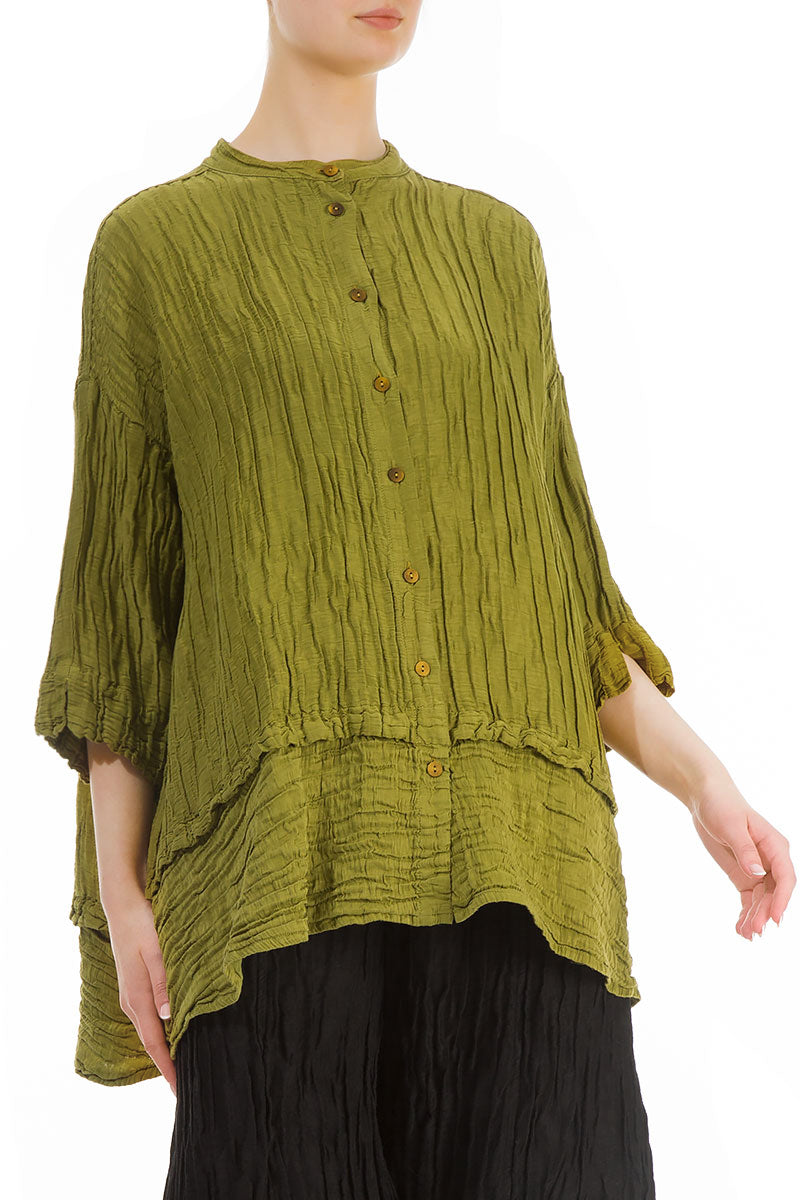 Flared Crinkled Golden Lime Silk Shirt 3