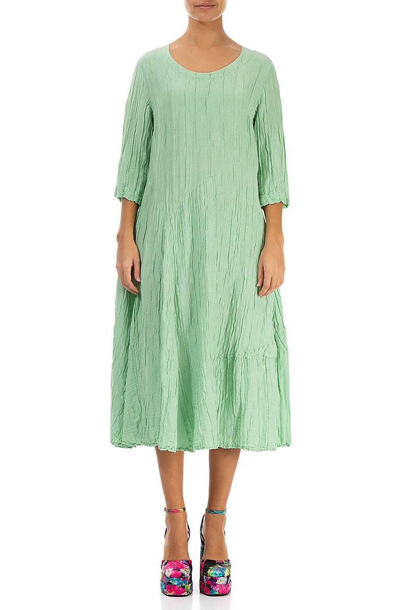 Flared Crinkled Green Sorbet Silk Linen Dress
