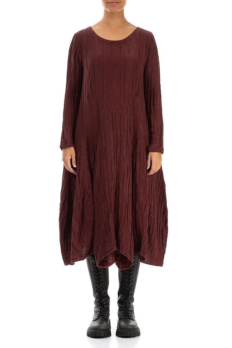 Flared Crinkled Merlot Silk Linen Dress 1