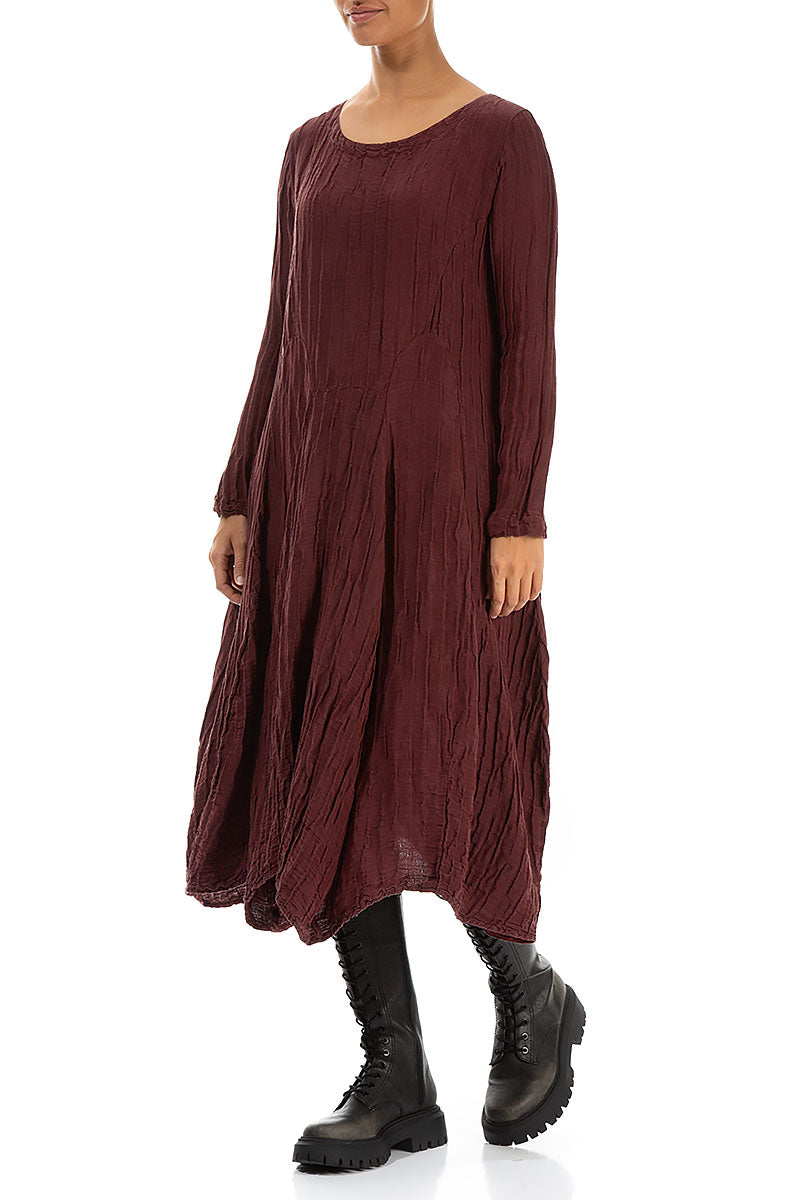 Flared Crinkled Merlot Silk Linen Dress 3