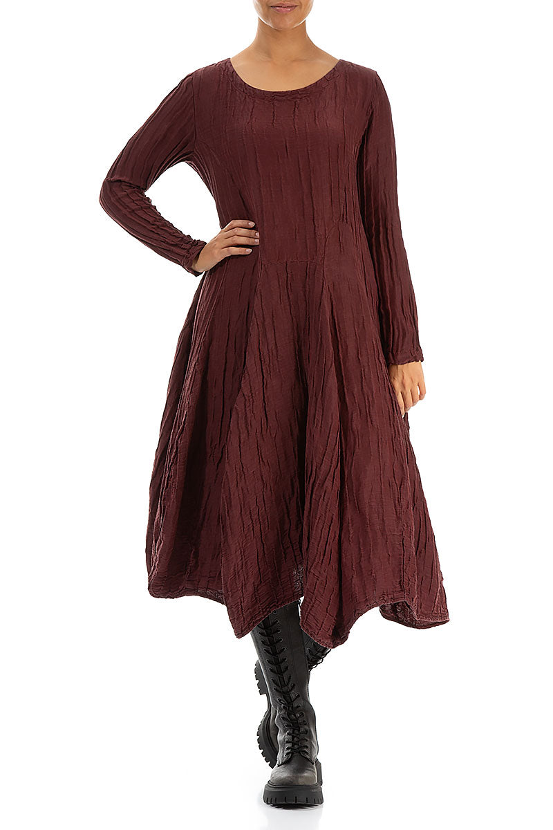 Flared Crinkled Merlot Silk Linen Dress 4