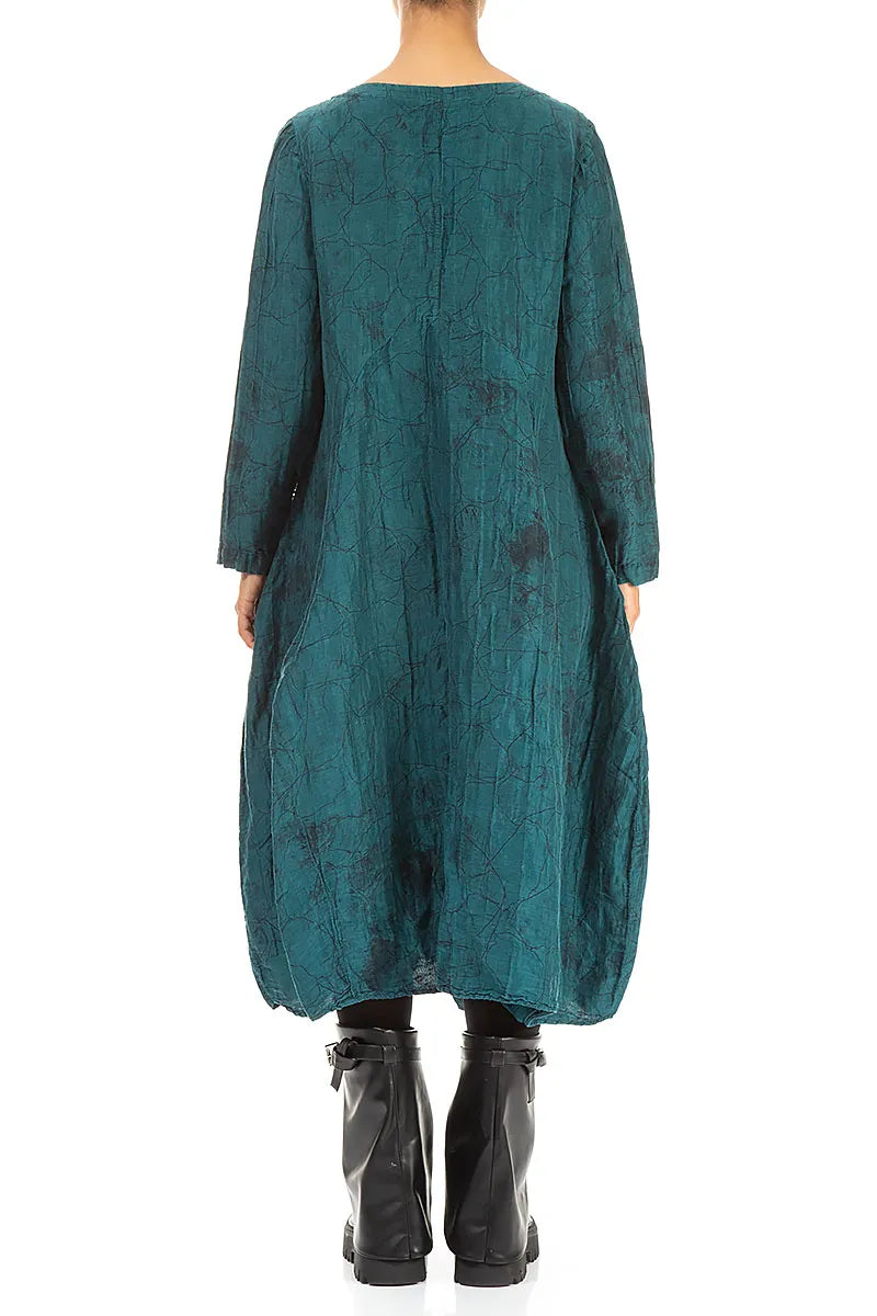 Flared Crinkled Peacock Marble Silk Linen Dress 2