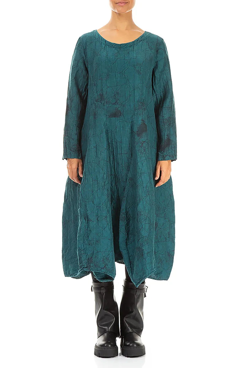 Flared Crinkled Peacock Marble Silk Linen Dress –