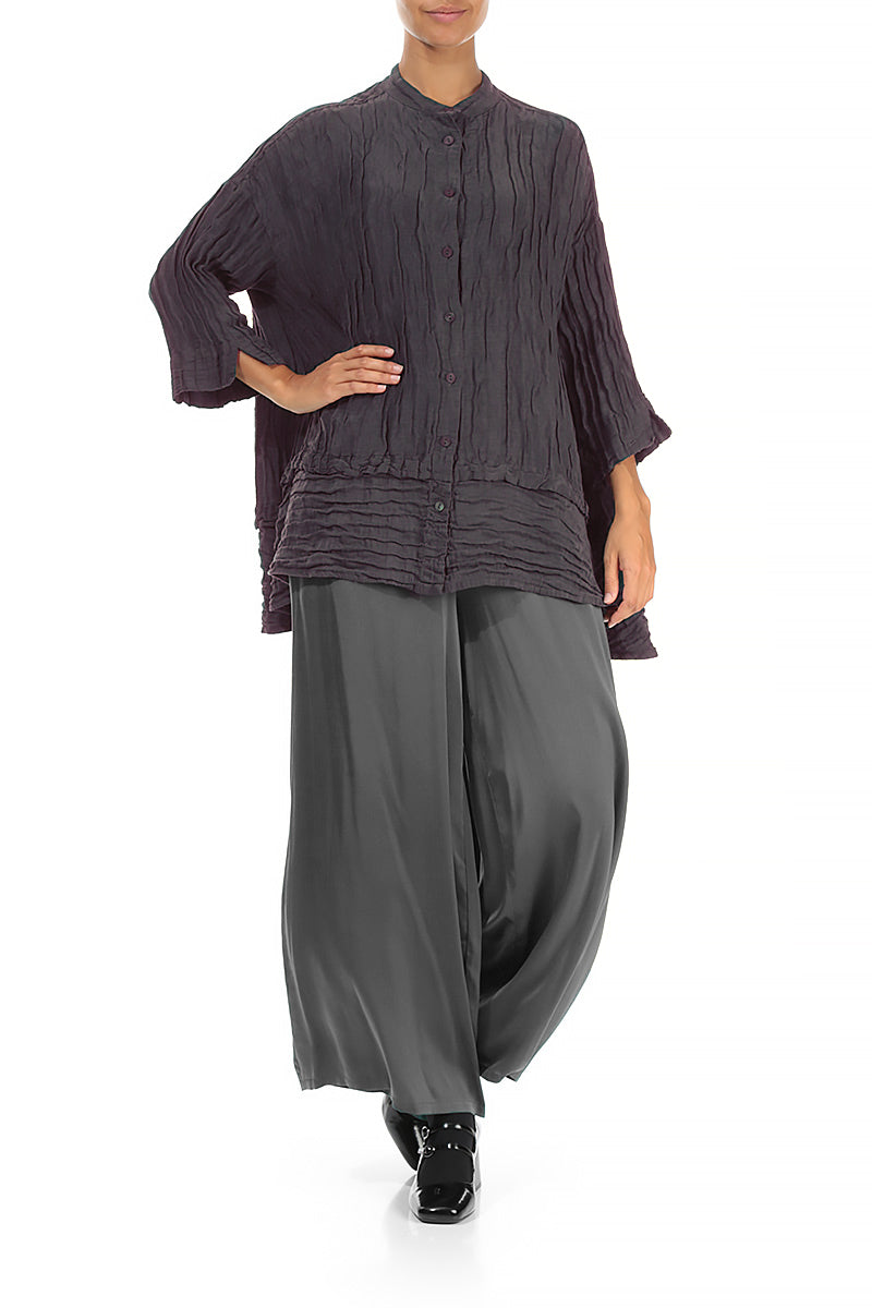 Flared Crinkled Slate Blue Silk Shirt 4