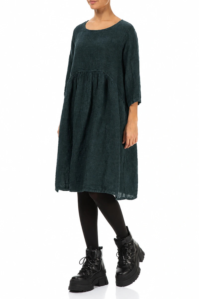 Flared Deep Turquoise Mélange Linen Midi Dress
