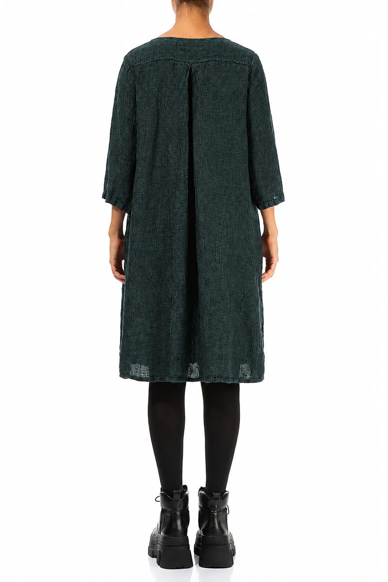 Flared Deep Turquoise Mélange Linen Midi Dress