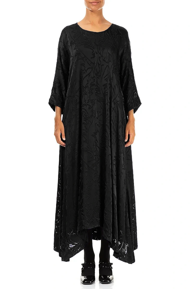 Flared Devoré Feather Black Silk Dress 1