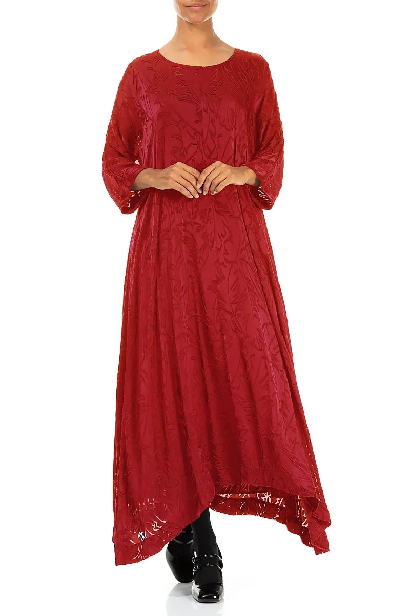 Flared Devoré Feather Cherry Red Silk Dress 4