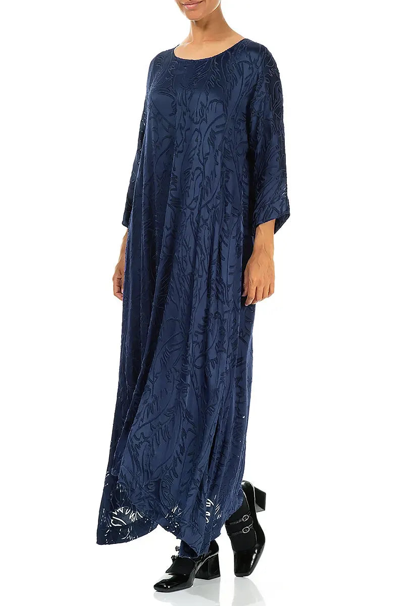 Flared Devoré Feather Royal Blue Silk Dress 3