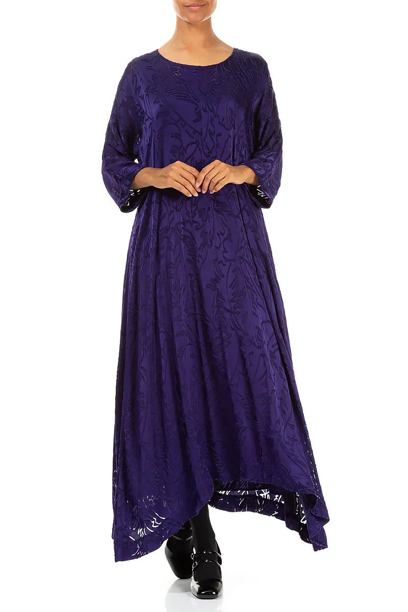 Flared Devoré Feather Royal Purple Silk Dress 4