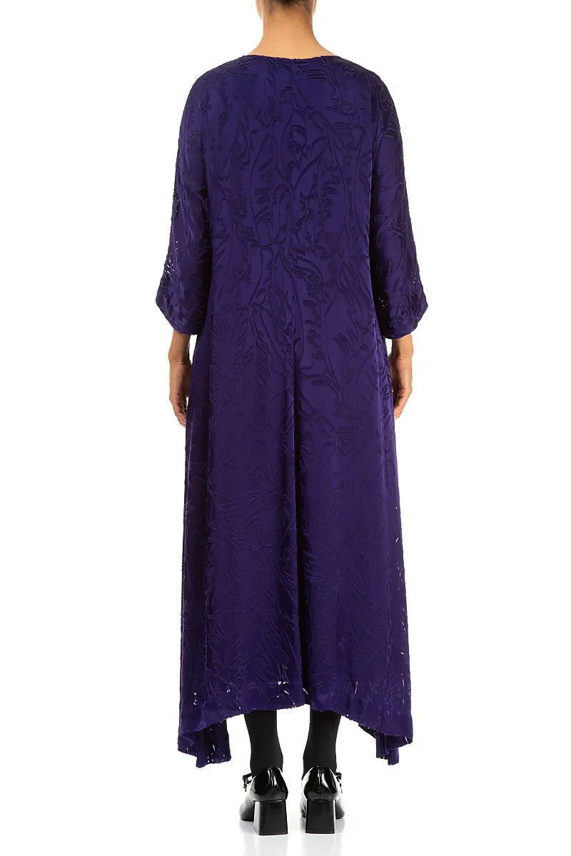 Flared Devoré Feather Royal Purple Silk Dress 2