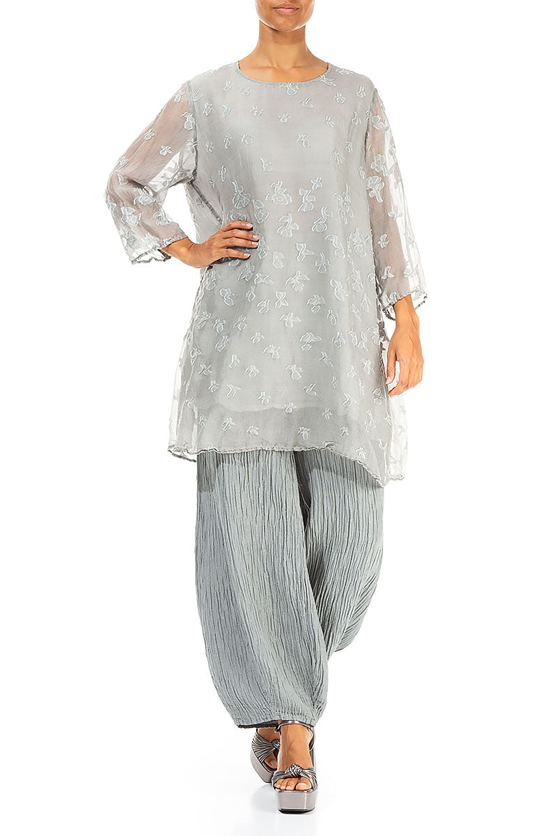 Flared Floral Light Grey Silk Tunic 4