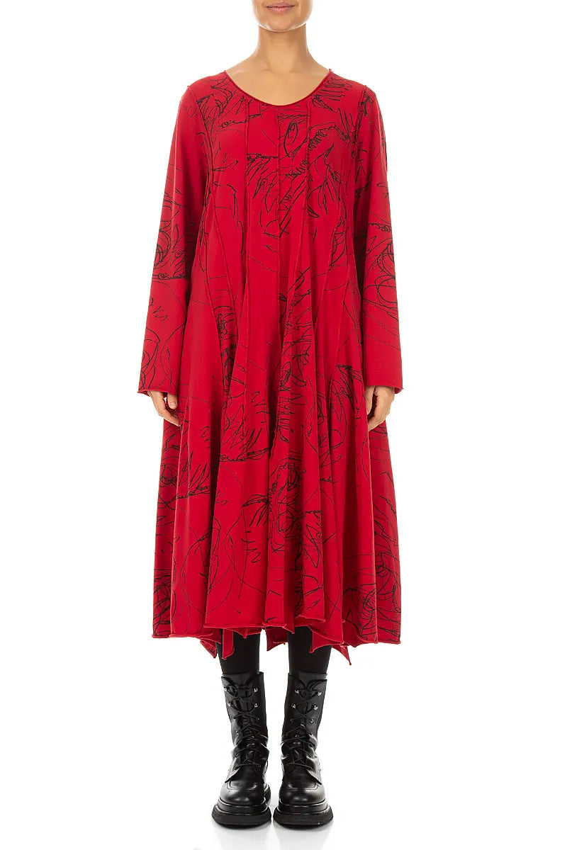 Flared Maxi Cherry Red Abstract Draw Cotton Dress
