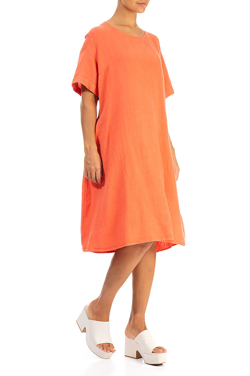 Flared New Orange Linen Dress 3