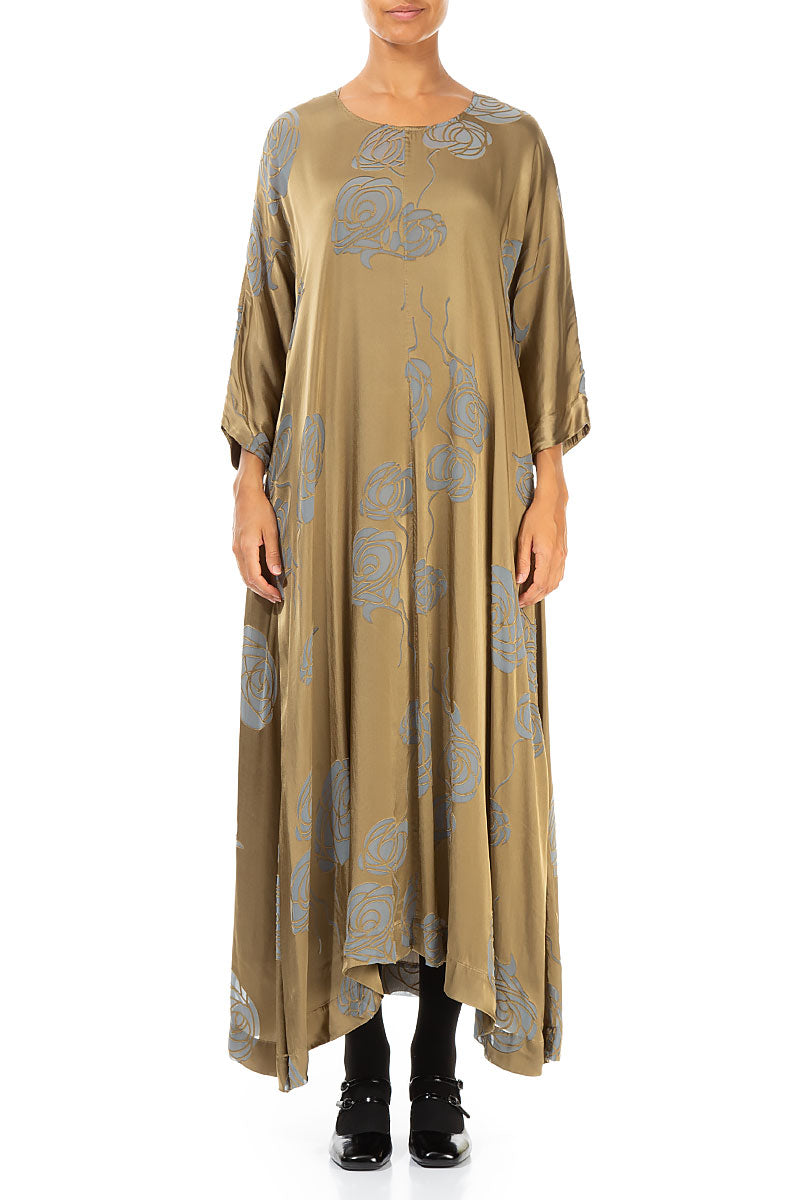 Flared Roses Silver Sage Silk Dress 1