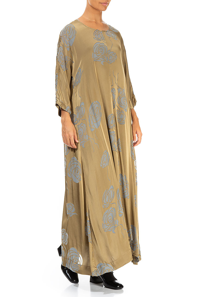 Flared Roses Silver Sage Silk Dress 3