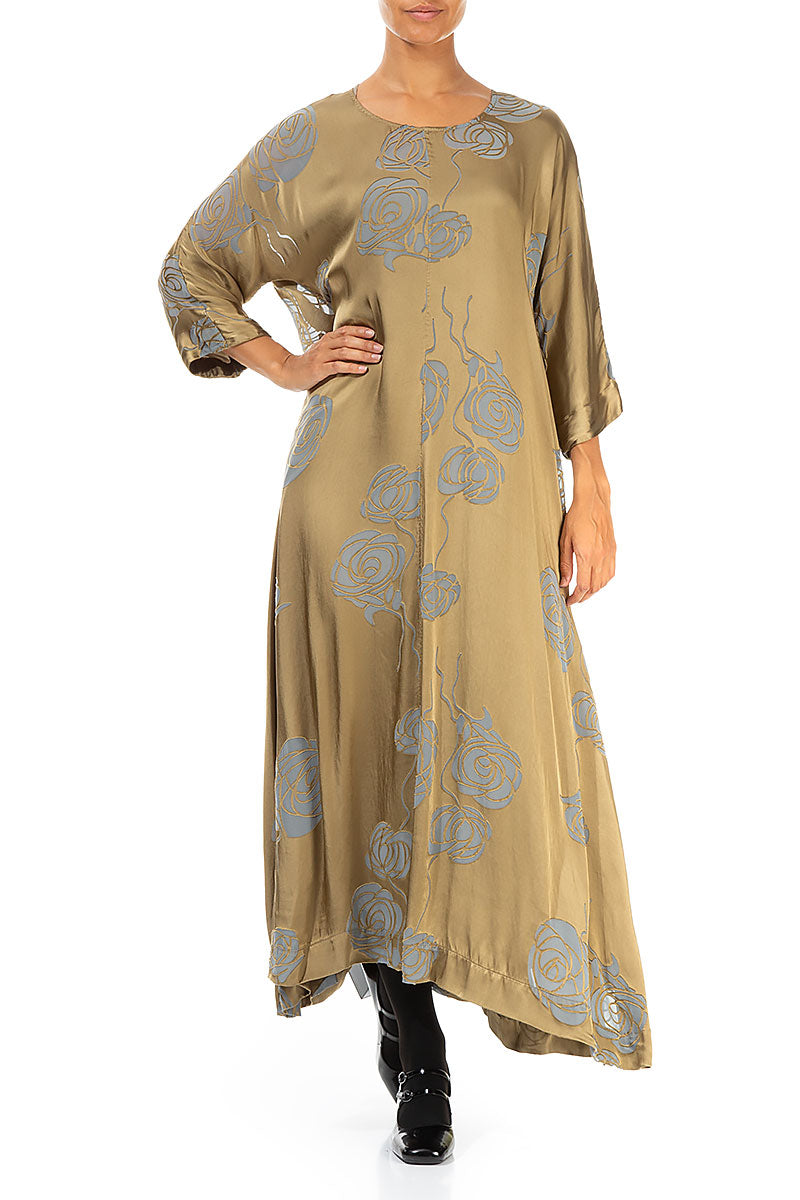 Flared Roses Silver Sage Silk Dress 4