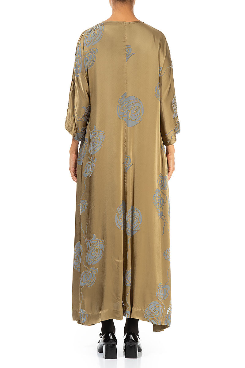 Flared Roses Silver Sage Silk Dress 2