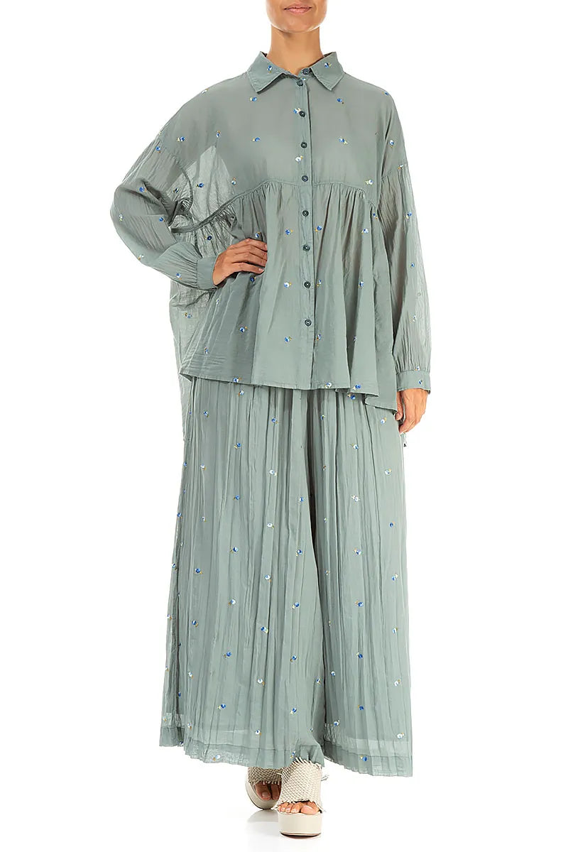 Flared Sage Embroidered Petals Cotton Shirt 4