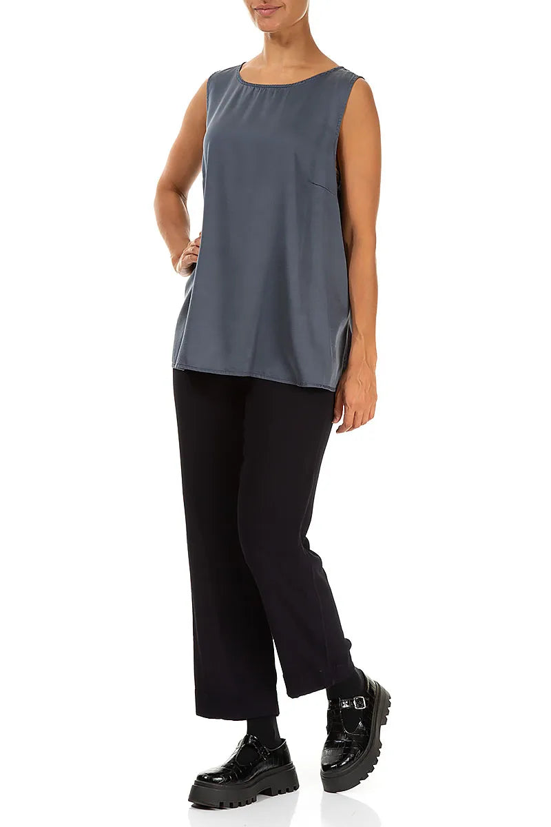 Flared Sleeveless Slate Blue Silk Top 4