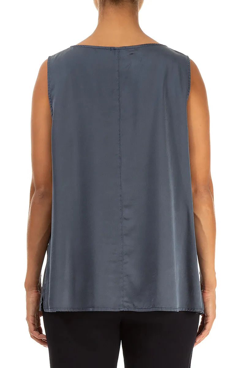 Flared Sleeveless Slate Blue Silk Top 2