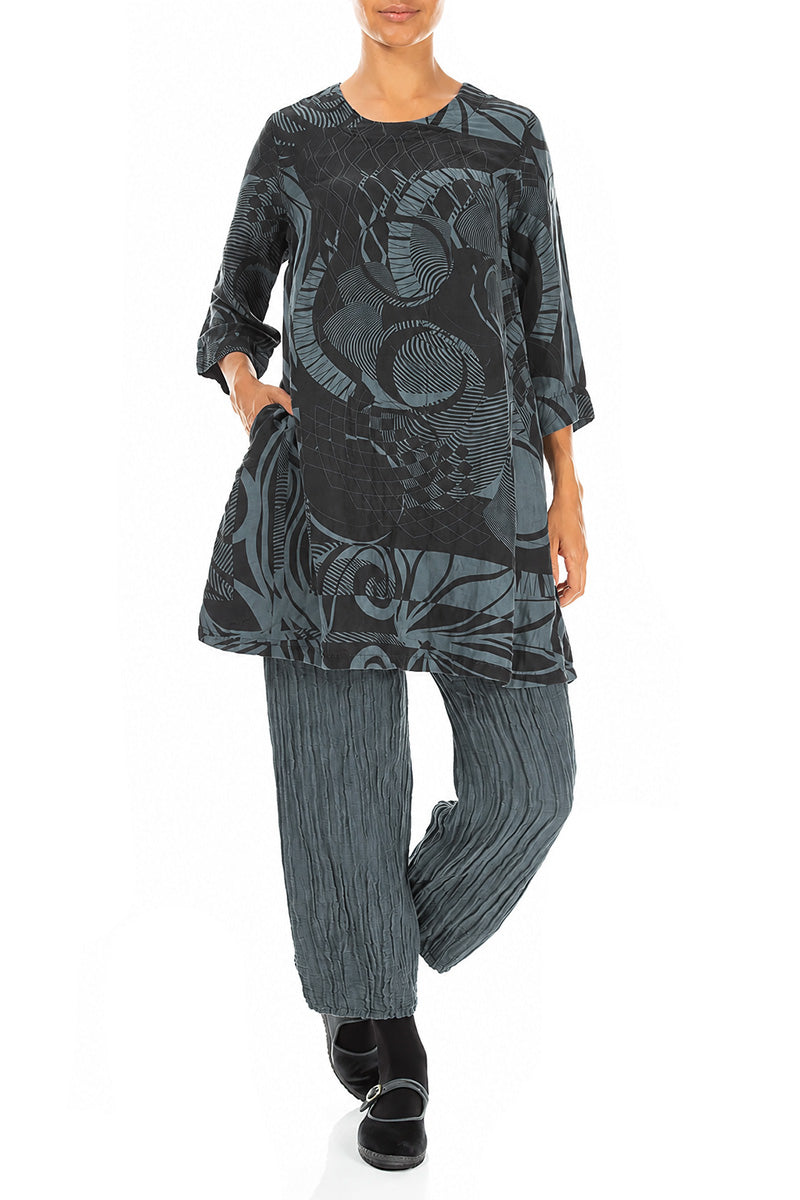 Flared Textured Slate Orbit Silk Linen Tunic