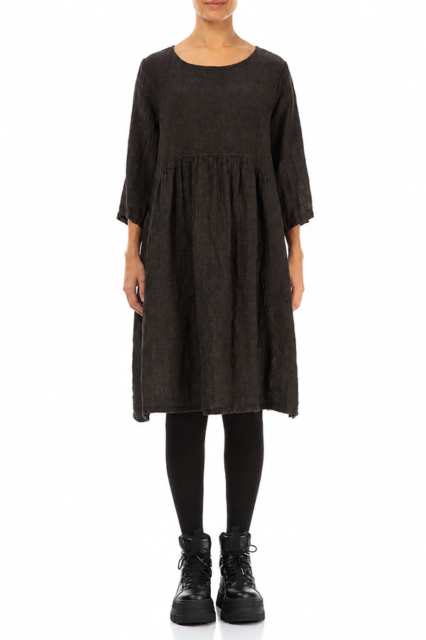 Flared Truffle Brown Mélange Linen Midi Dress 1