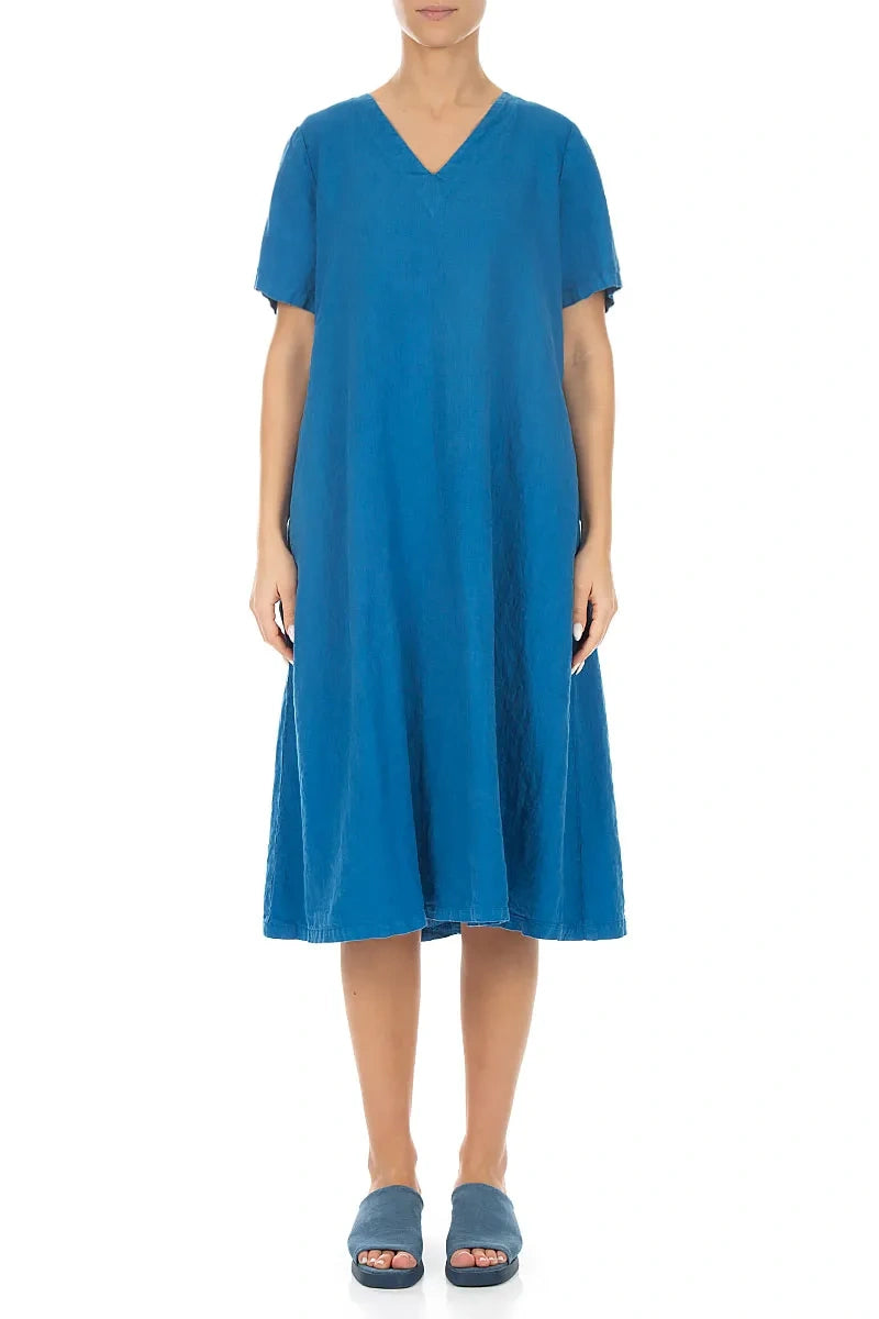 Ausgestelltes V-Ausschnitt-Leinenkleid in Kobaltblau