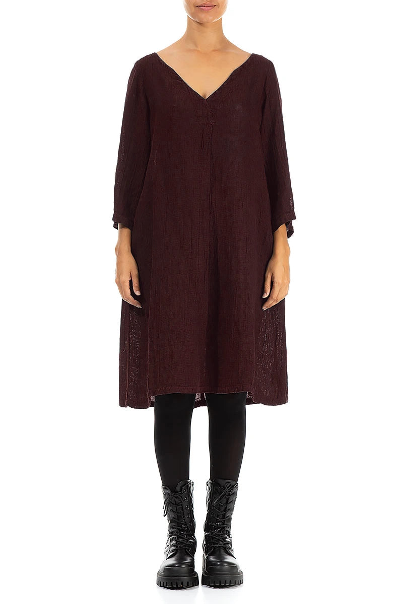 Flared V-Neck Dark Red Mélange Linen Dress 1