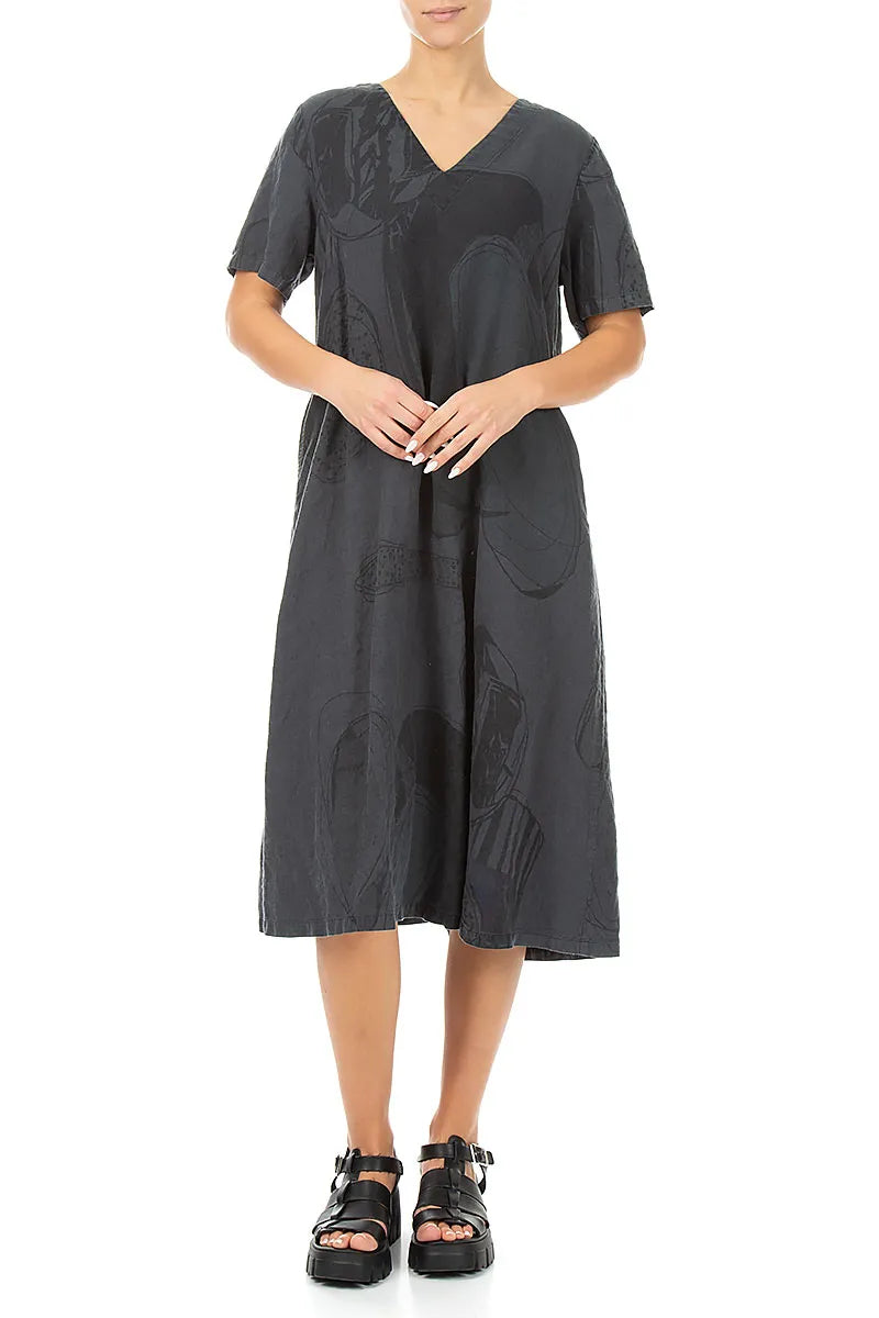 Flared V-Neck Graphite Tumbled Stone Linen Dress 4