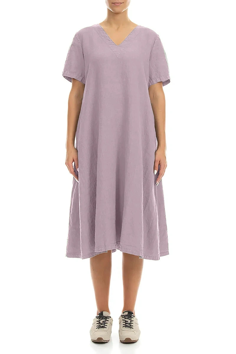 Flared V-Neck Lilac Linen Dress 1
