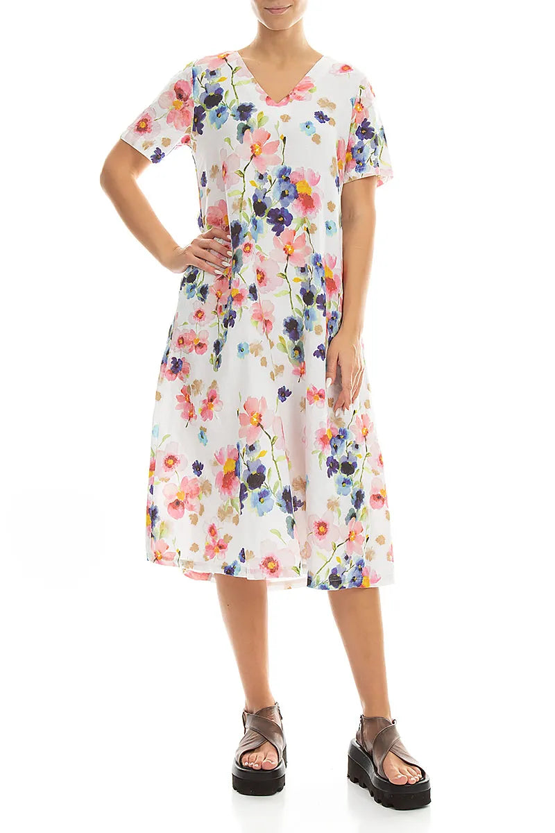 Flared V-Neck Primrose Linen Dress 4