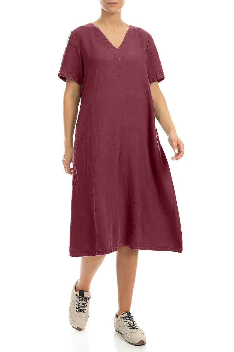 Flared V-Neck Antique Ruby Linen Dress 3