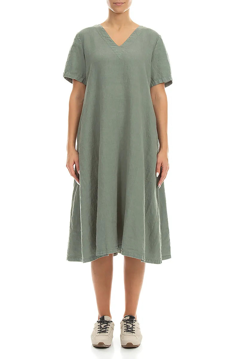 Flared V-Neck Sage Linen Dress – grizas.com