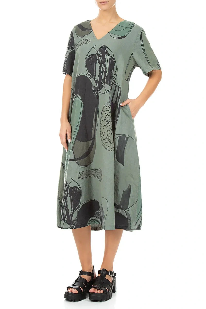 Flared V-Neck Sage Tumbled Stone Linen Dress 3