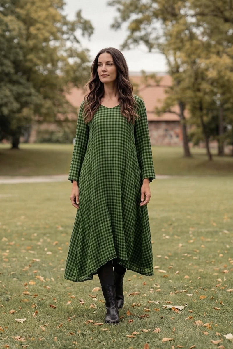 linen midi dress green Floaty Shamrock Check – made to order dresses