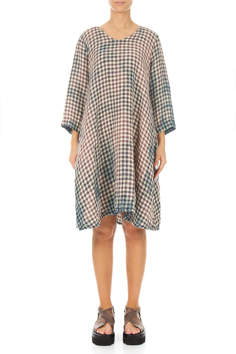 Floaty Watercolour Check Linen Dress S