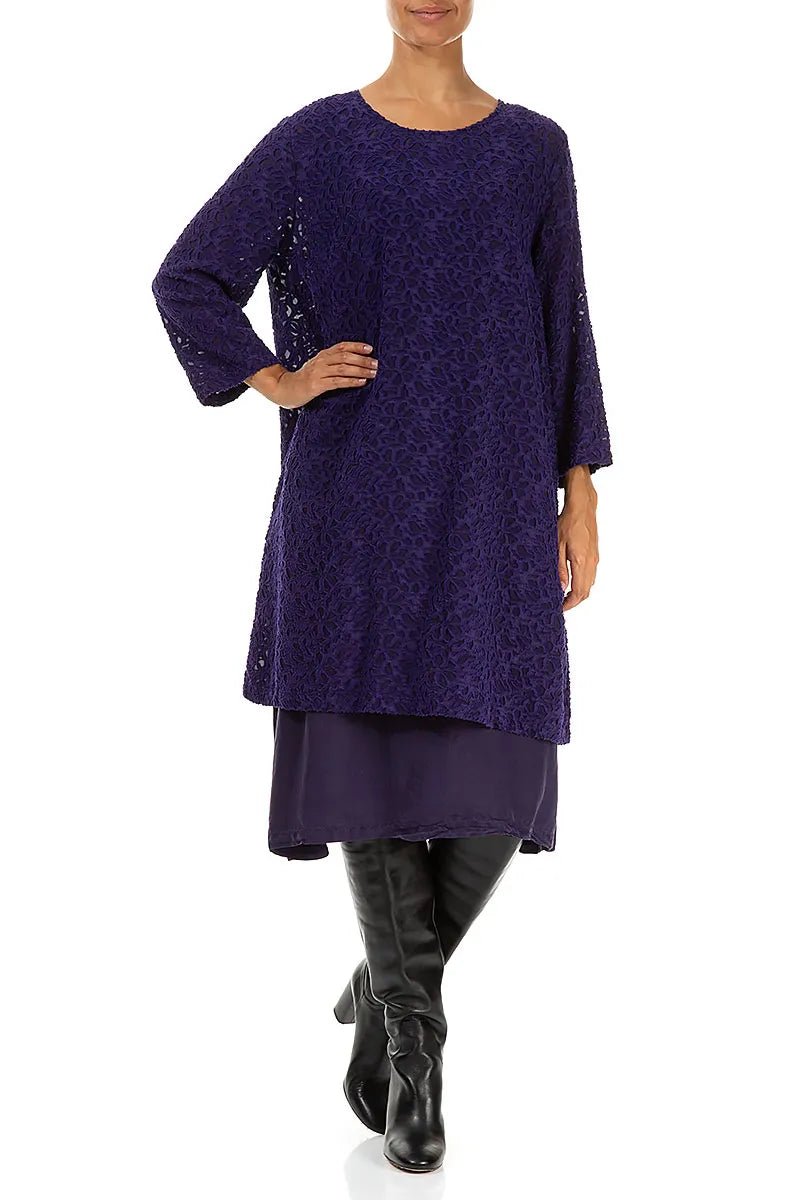 Floral Texture Layered Royal Purple Silk Dress 4