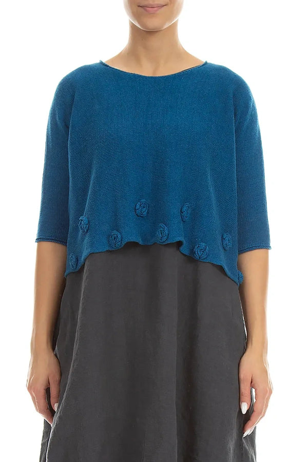 Flowers Decorated Cobalt Blue Linen Jumper 1