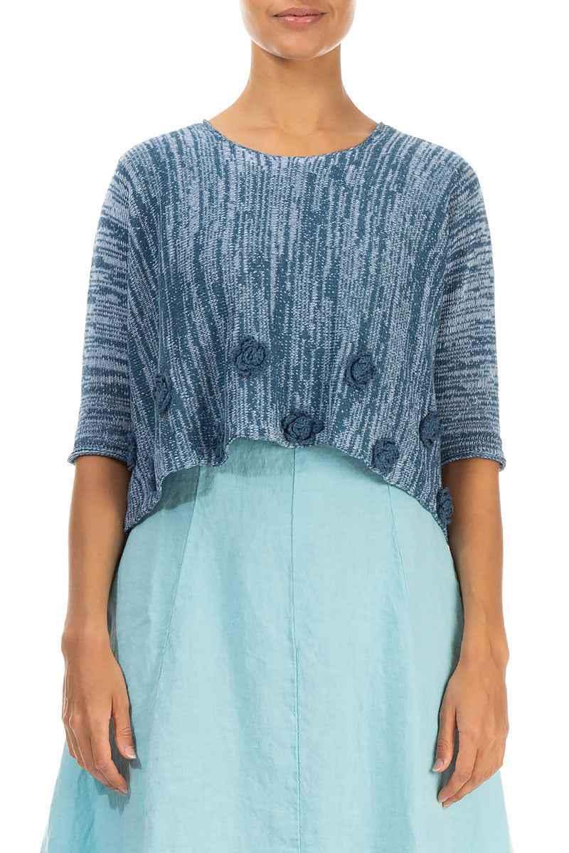 Flowers Decorated Mélange Blue Linen Jumper 1