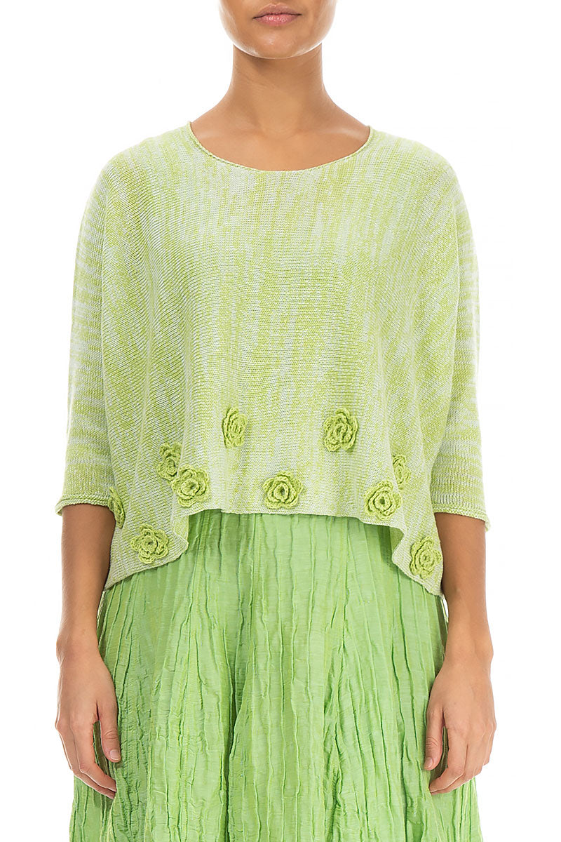 Flowers Decorated Mélange Lime Linen Jumper 1