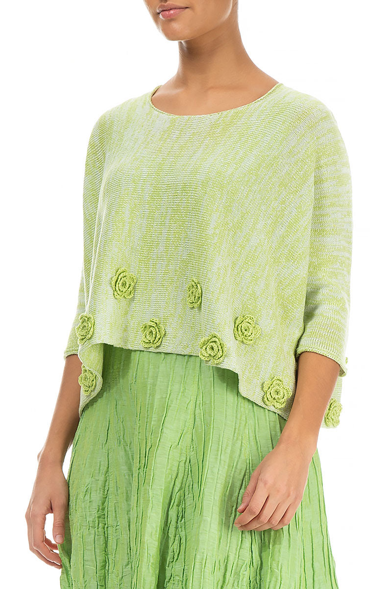 Flowers Decorated Mélange Lime Linen Jumper 3