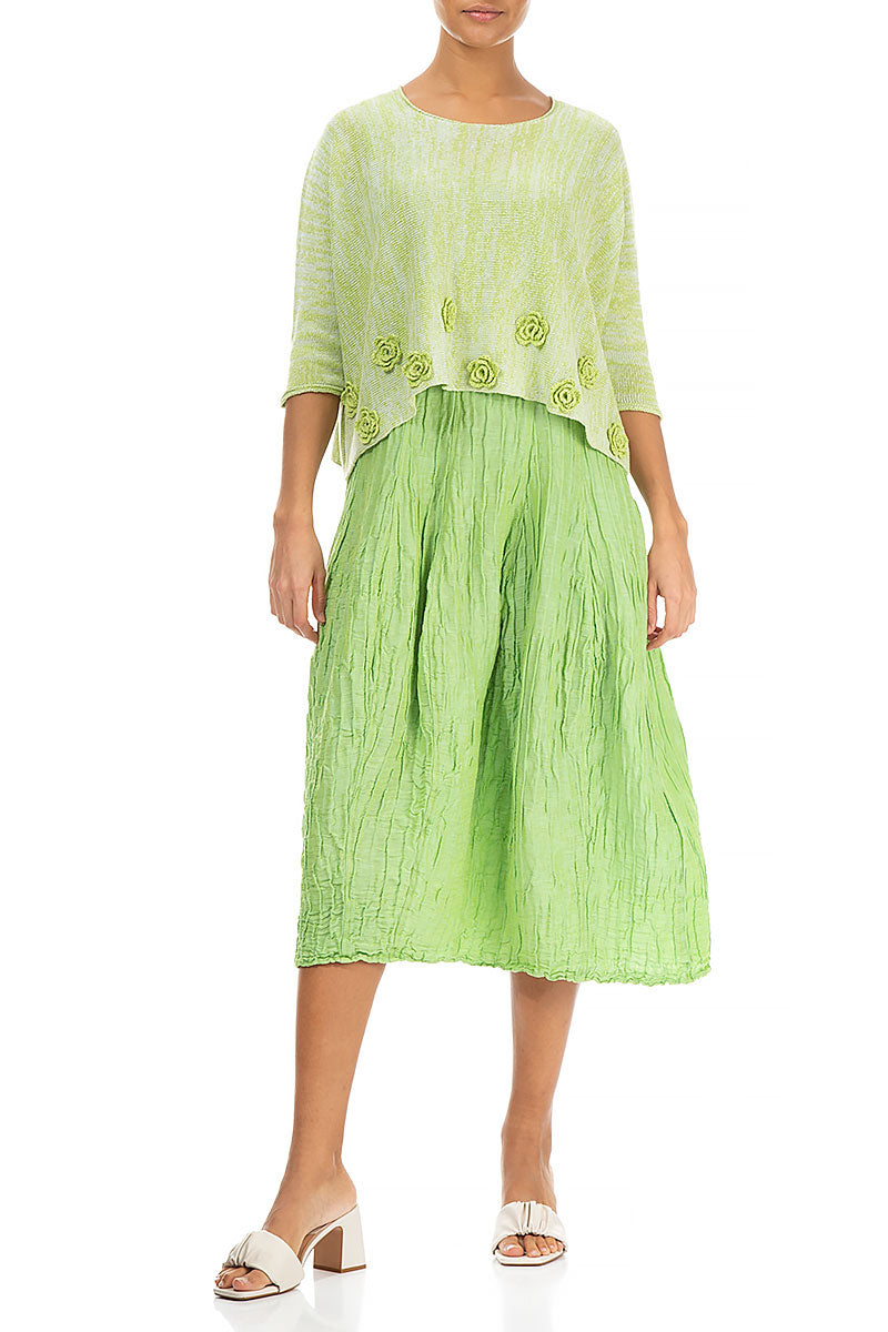 Flowers Decorated Mélange Lime Linen Jumper 4